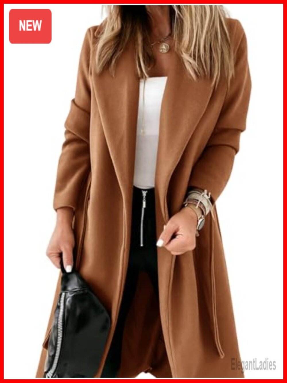 Women's Classic Pea Coat Long Belted Open Front Notch Lapel Long Sleeve